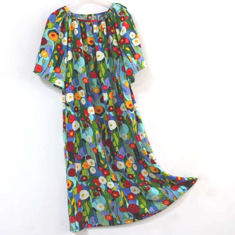 方领棉绸洋装插肩袖T恤裙大尺码防凸点带胸垫睡裙宽松睡衣女夏季