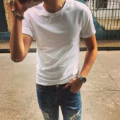 T恤男 白色弹力修身 打底衫 韩国圆领短袖 潮流男韩版 纯色日系休闲T