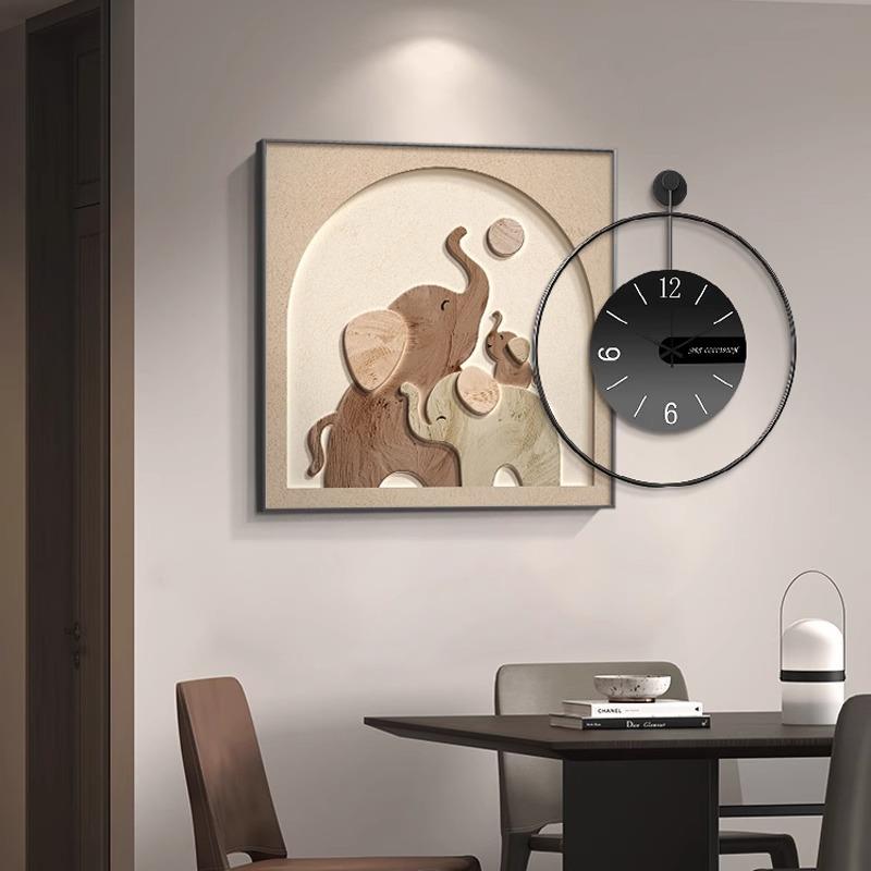 大象餐厅装饰画简约钟表挂钟组合画高级感客厅挂画北欧风饭厅壁画
