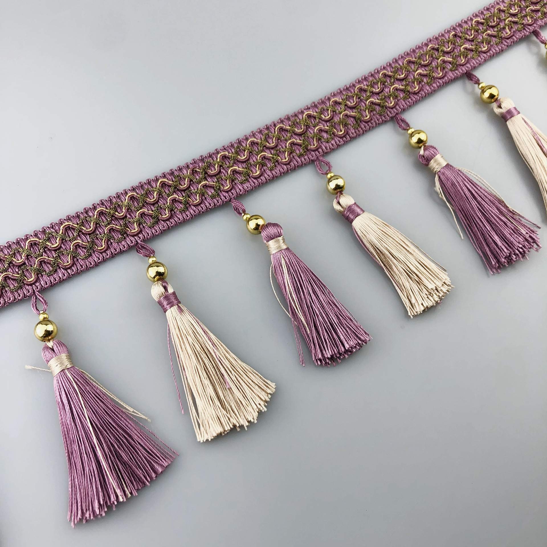 经典款窗帘花边排须辅料 双色中式金珠流苏手工打结花边