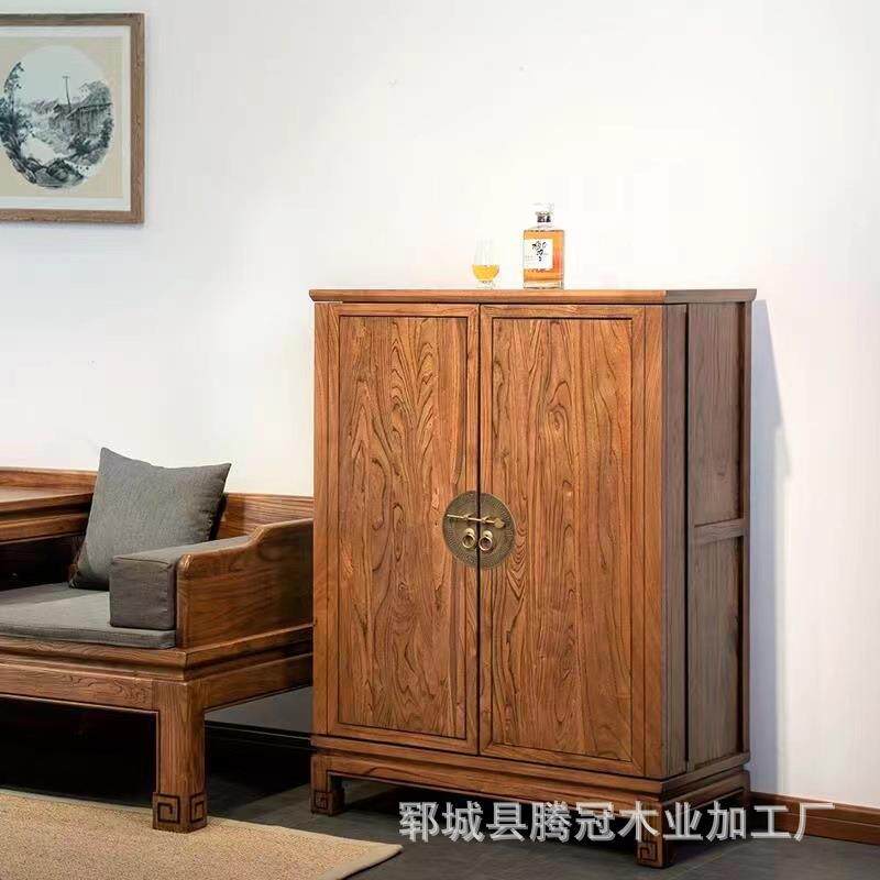 新中式酒柜全实木家用客厅柜子靠墙榆木中式吧台实木酒柜红酒边柜