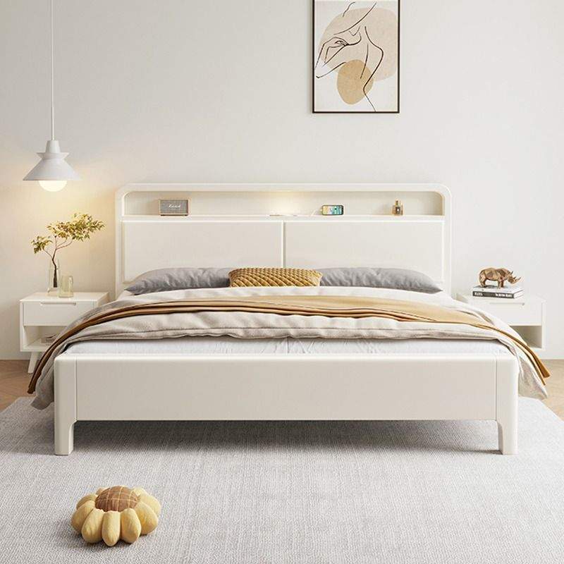 北欧实木床奶油白新款现代简约主卧室双人床轻奢床一体家用储物