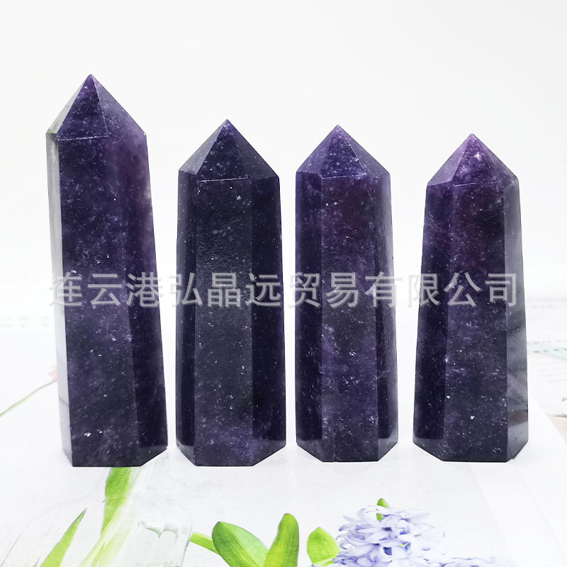 弘晶远水晶天然紫云母六棱柱云母石水晶柱单尖柱原石打磨厂家批发