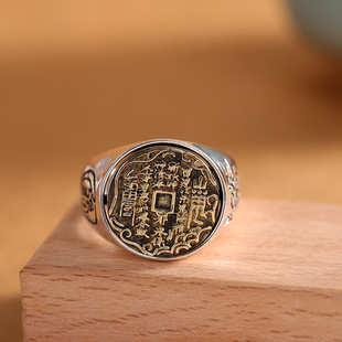 纯银s925银泰银复古做旧山鬼花钱戒指男女通用个性转动