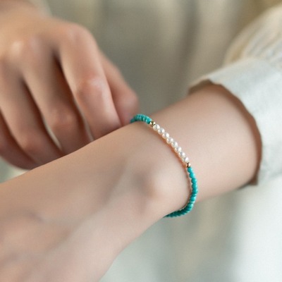 绿松石珍珠手串女士极细国风文玩手链米珠小众设计感单圈轻奢手饰