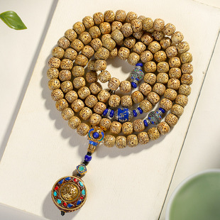 原生态海南鸡油黄星月菩提108颗手串老型桶黄金籽文玩佛珠男