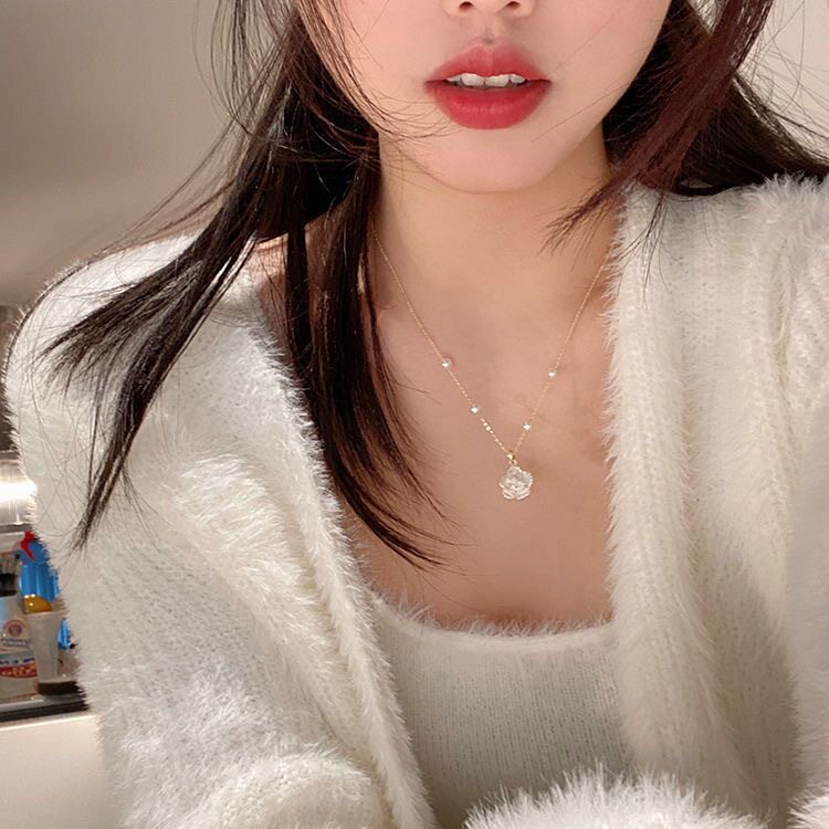 初恋山茶花朵项链女复古珍珠锁骨链小众饰品高颜值配饰