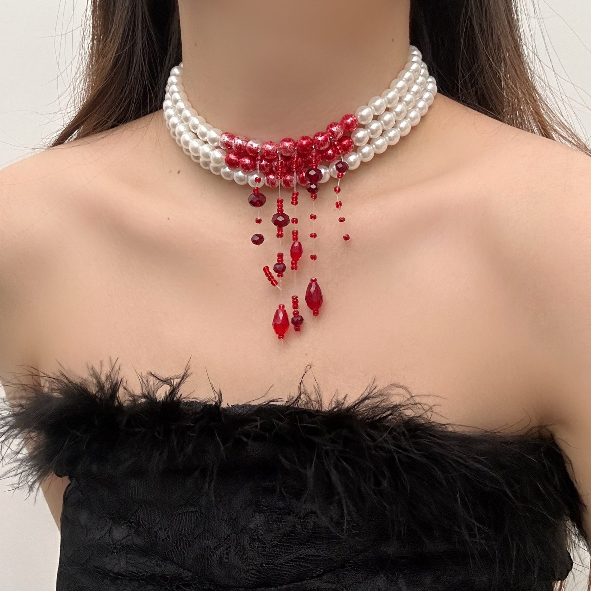 多层珍珠流苏水晶项链女小众设计感哥特朋克甜酷风锁骨链颈链配饰