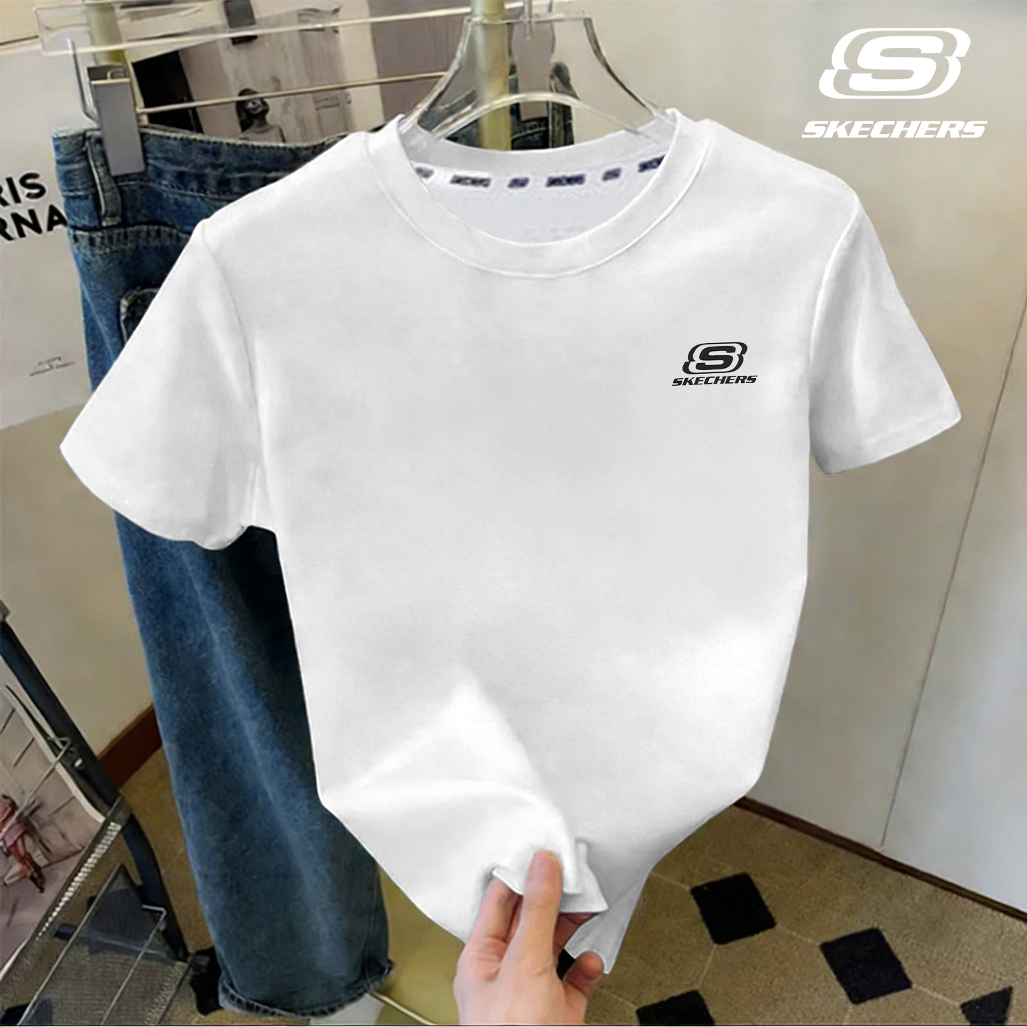 斯凯奇棉质短袖女生夏季白色t恤官网旗舰宽松半袖上衣学生体恤衫