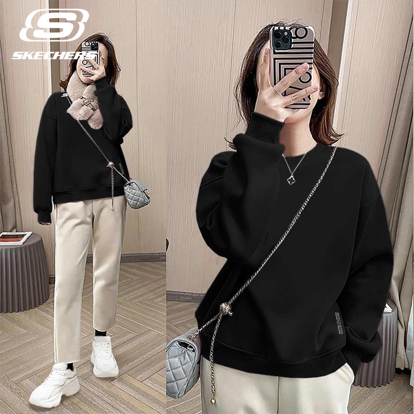 斯凯奇女款卫衣秋冬黑色加绒保暖字母印花长袖大码宽松运动套头衫