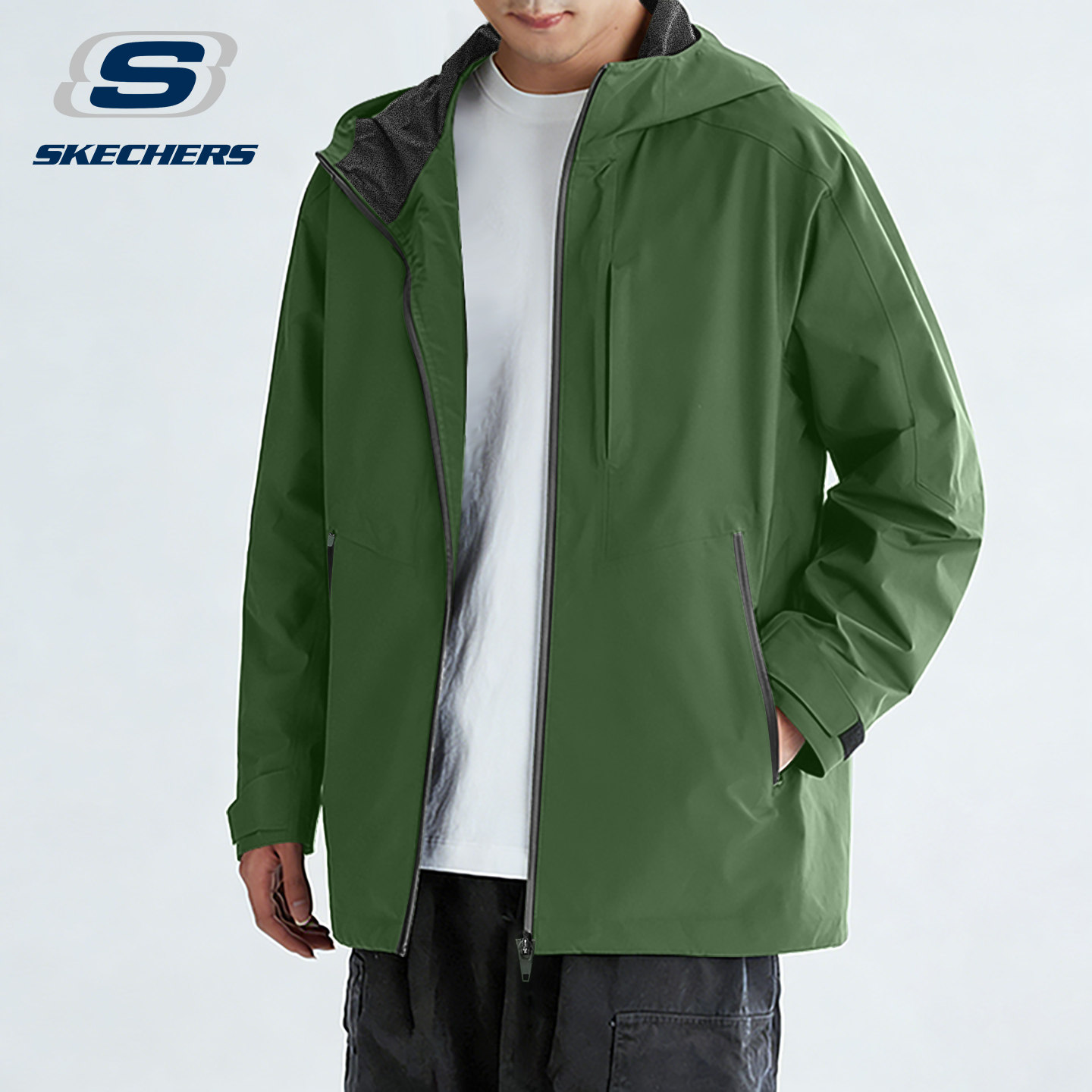 斯凯奇男款外套2026春季新款宽松大码男士连帽休闲夹克运动冲锋衣