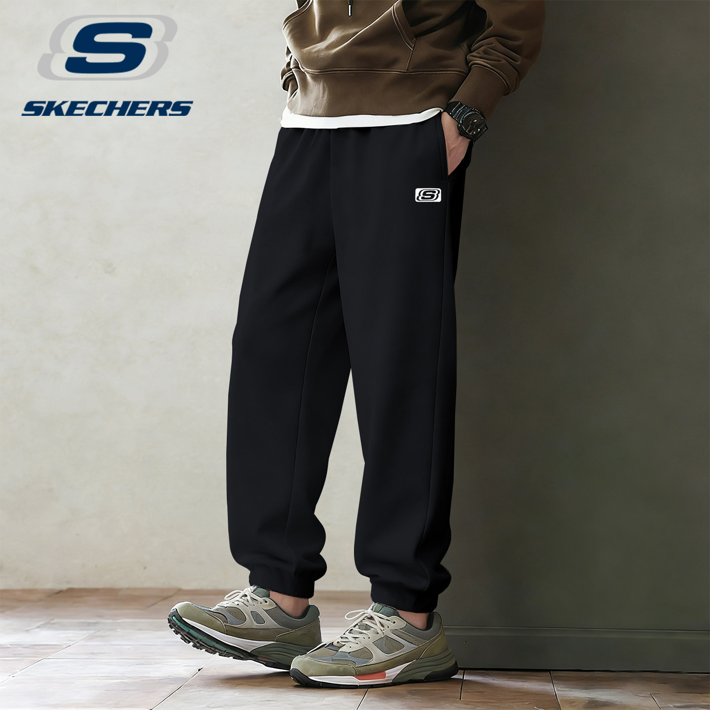 斯凯奇运动裤男卫裤2026春季新款黑色针织束脚长裤青少年百搭裤子