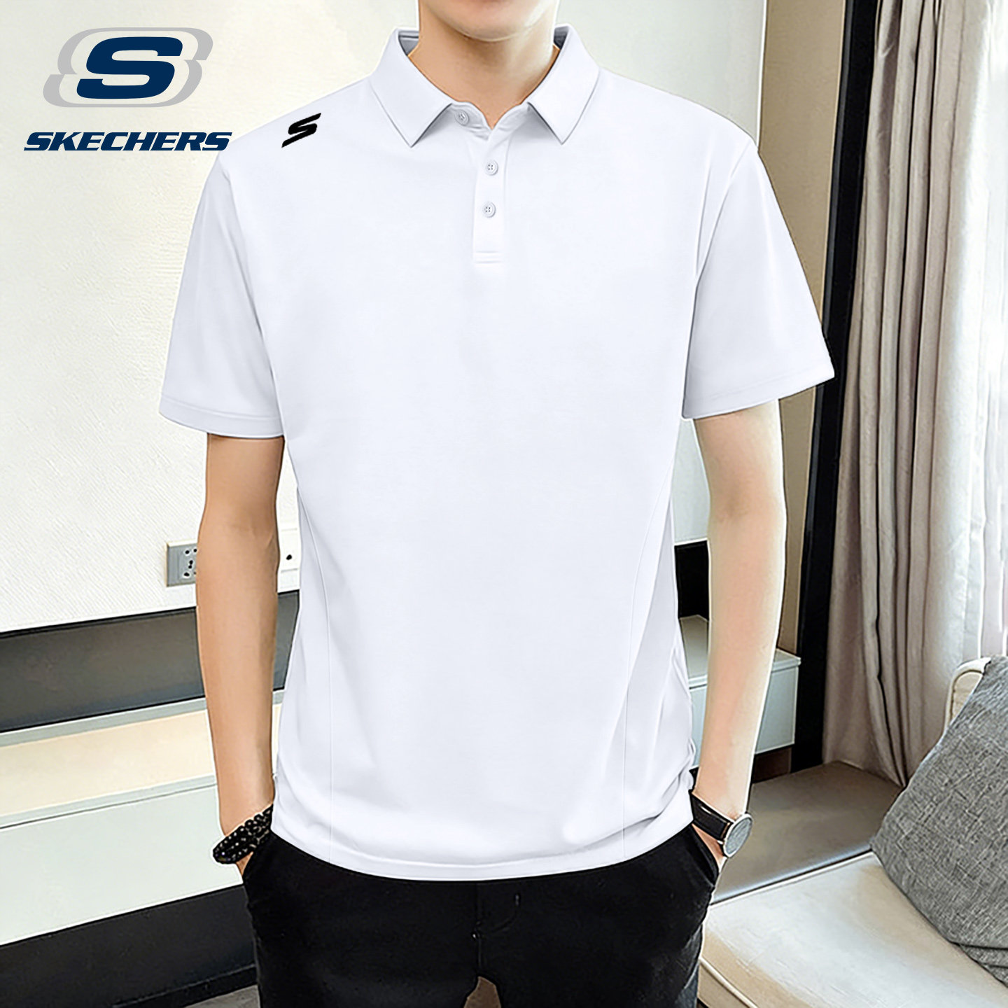 斯凯奇polo衫男款短袖复古美式翻领T恤夏季宽松羽毛球速干半袖潮