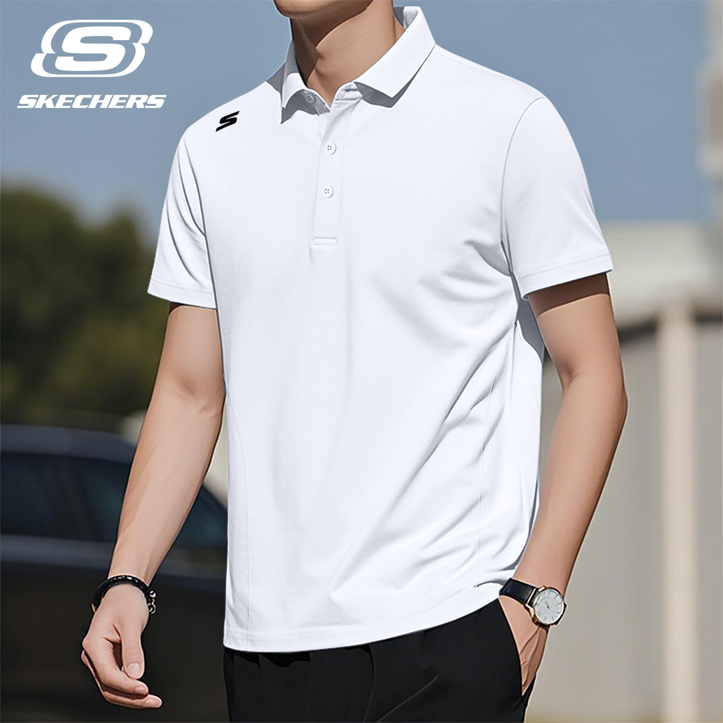 斯凯奇男士短袖t恤polo衫夏翻领宽松体恤衫品牌冰丝中老年爸爸装