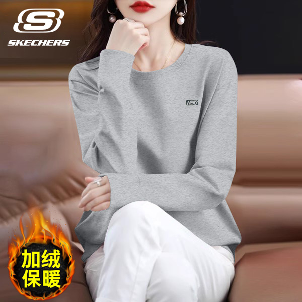斯凯奇无帽卫衣女款秋冬季2024新款灰色加绒宽松外套圆领长袖上衣