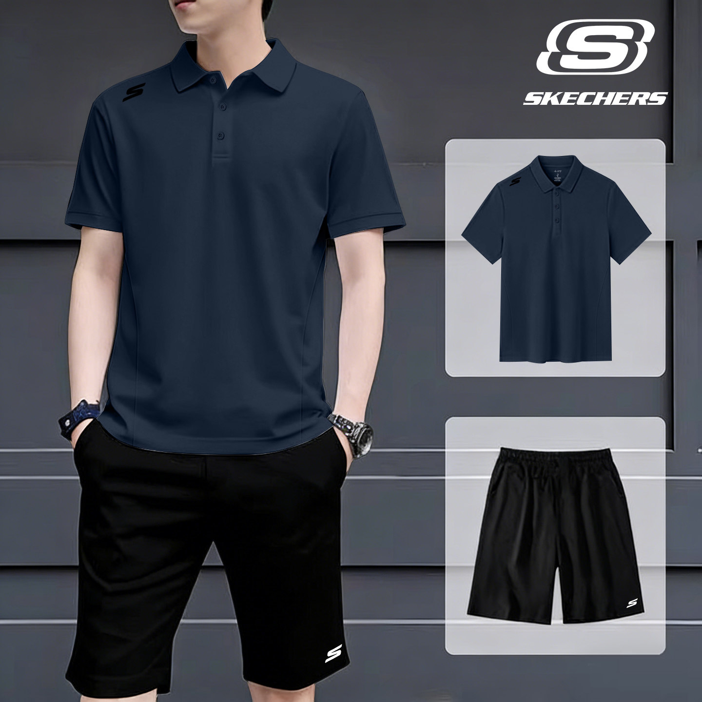 斯凯奇运动服男士夏季套装爸爸装
