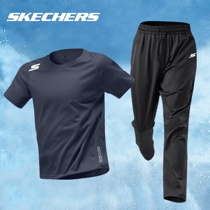 斯凯奇运动套装男女同款夏季宽松休闲晨跑冰丝速干短袖长裤两件套