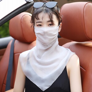 100%桑蚕丝防晒口罩女防紫外线护颈面纱遮脸面罩真丝透气薄款夏季