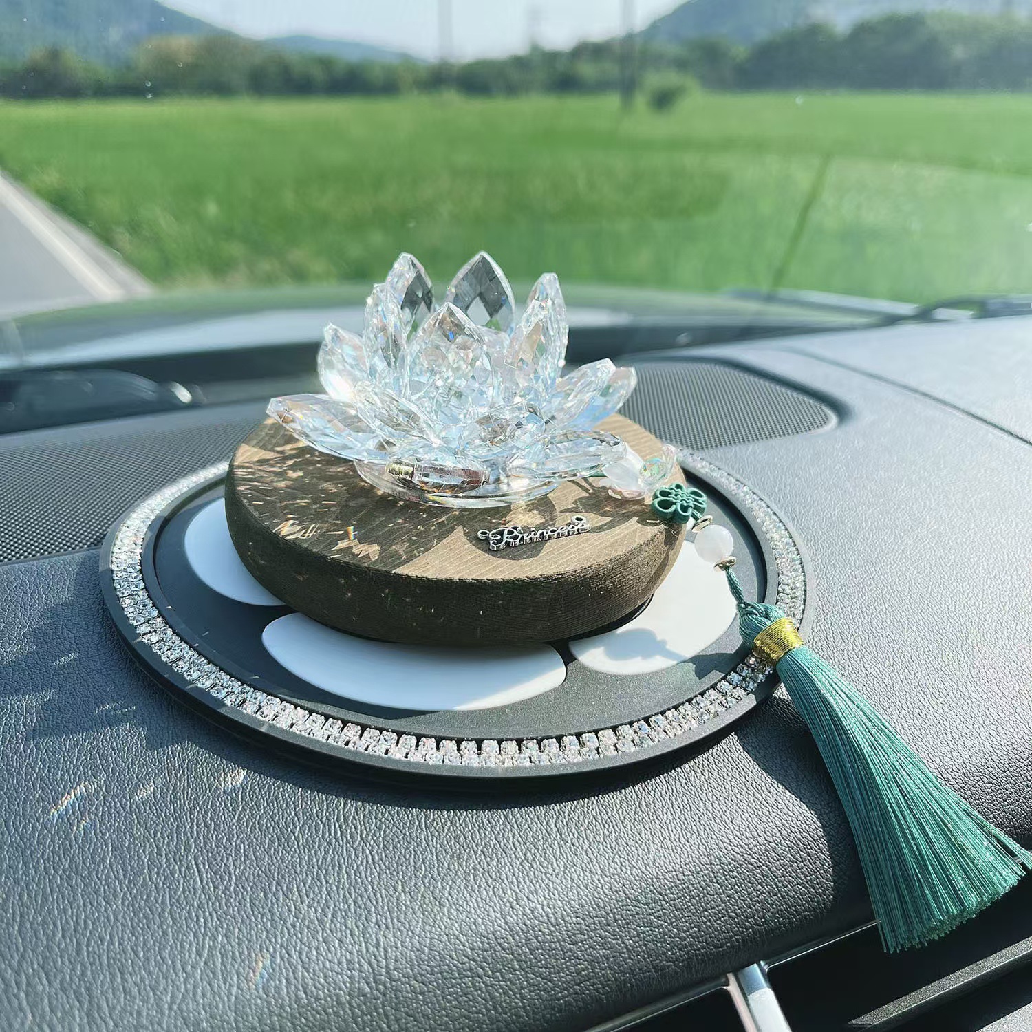 好运莲莲水晶荷花汽车摆件车内装饰品国风木质车载中控台男女车用