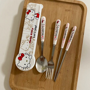 哈喽kitty便携餐具不锈钢筷子套装学生一人食宿舍蝴蝶结猫勺子叉