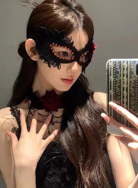 禁欲系蕾丝玫瑰花面罩cos装扮道具半遮脸蒙面黑色眼罩性感面纱女