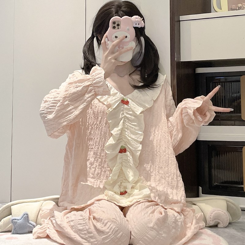 春秋新款时尚f网红学生甜美可爱公主风长袖薄款居家两件套装睡衣