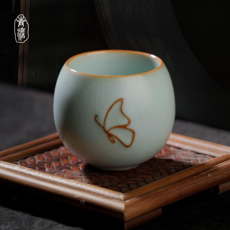 汝窑功夫小茶杯陶瓷单只景德镇汝瓷品茗主人杯冰裂釉开片可养青瓷