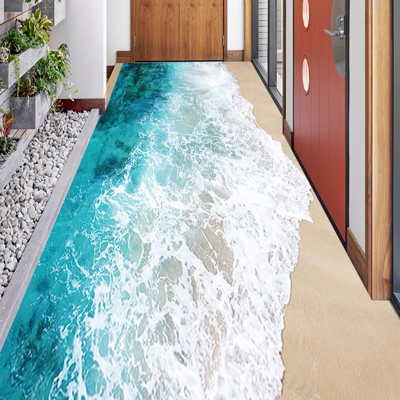 3D立体创意地贴海滩海浪沙滩潮汐商场客厅玄关厨房防水地贴画定制