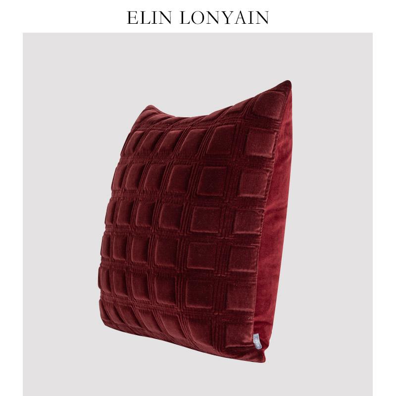 ELIN LONYAIN现代简约轻奢酒红色几何绗缝靠垫抱枕样板房沙发方枕