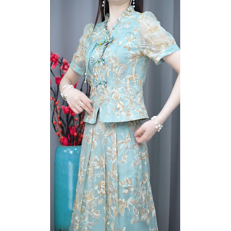 中式国风两件套女2024夏季新款洋气修身显瘦遮肉时尚a字裙套装女