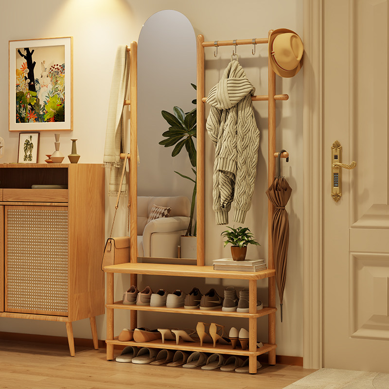实木全身镜换鞋凳一体靠墙衣帽架入户门口挂衣架衣架落地卧室