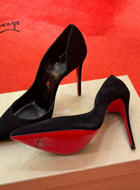 真皮反绒法式御姐iriza 内侧空黑色漆皮红底高跟鞋细跟尖头单鞋女