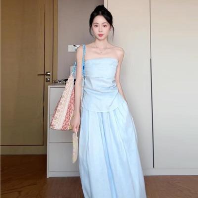 设计感蓝色抹胸上衣半身裙宽松显瘦套装女2025年夏季新款法式气质