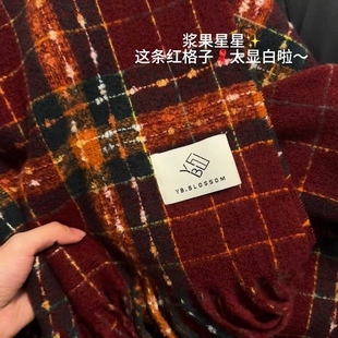 浆果星星红色围巾韩系氛围感高级感格子围脖加绒加厚情侣保暖神器