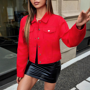 真口袋女士纯色外套 women 夹克 短款 短上衣 clothes彩色牛仔