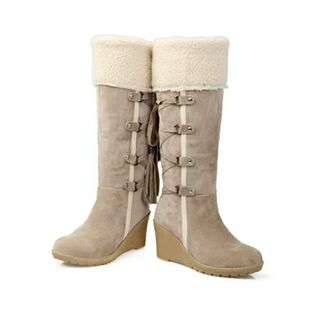 shoes women翻边毛毛松糕厚底坡跟长靴女秋冬新款跨境大码4243码