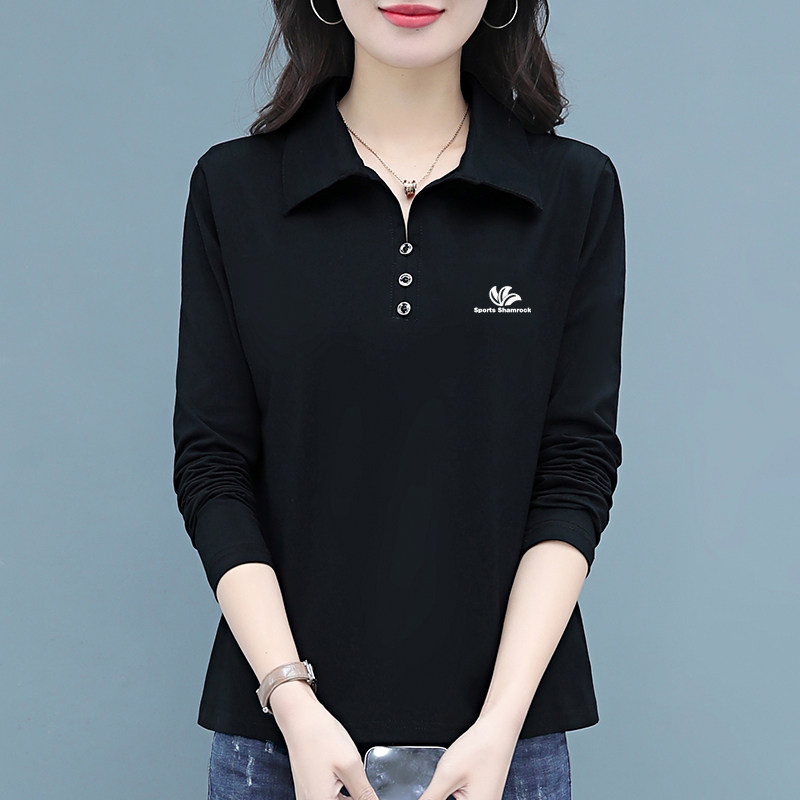 奥莱品牌时尚纯棉长袖T恤女士2025新款春秋打底衫宽松翻领上衣t