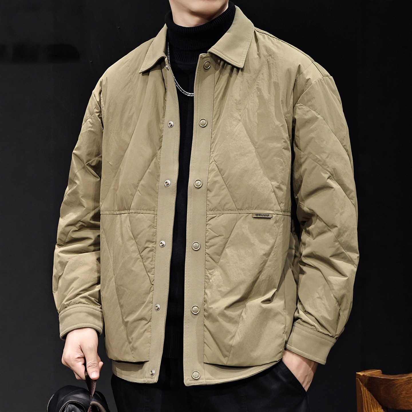 法国高端品牌几何绗线90白鸭绒羽绒服男宽松保暖翻领轻薄夹克外套