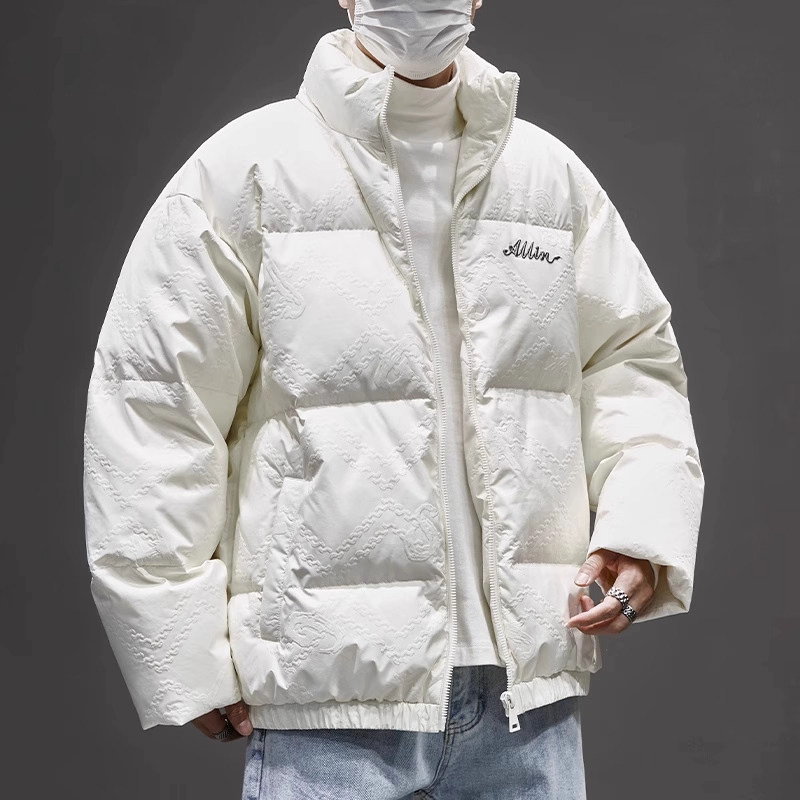 法国高端品牌提花白色羽绒服男宽松保暖加厚立领夹克外套冬季新款