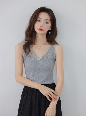 CLUB NEWS纯欲风蕾丝拼接镂空背心女袖小心机V领蝴蝶结针织背心女