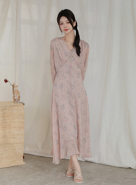 CLUB NEWS夏季甜美温柔V领碎花雪纺长袖连衣裙女内搭长款打底裙子