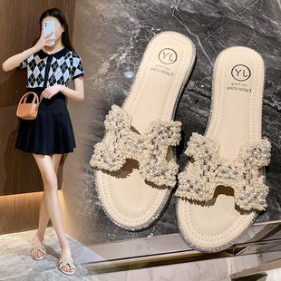拖鞋 网红软底百搭水钻珍珠一字凉拖ins潮 女夏外穿2025年新款 时尚