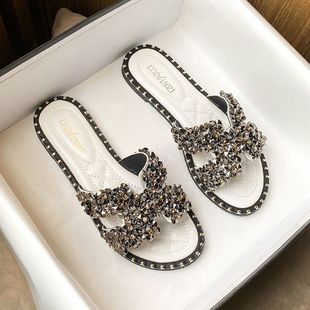 凉拖女夏外穿41一43 2025新款 网红水钻拖鞋 女平底时尚 仙女沙滩大码