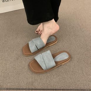 女夏外穿仙女风海边度假沙滩凉拖 小众设计感复古方头露趾平底拖鞋