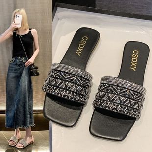 拖鞋 外穿年新款 仙女風珍珠水鉆涼拖時尚 百搭平底一字拖 女夏季