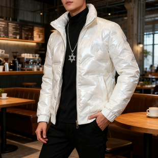 亮面时尚 新款 短款 立领免洗轻薄羽绒服男潮牌修身 保暖棉袄外套 冬季
