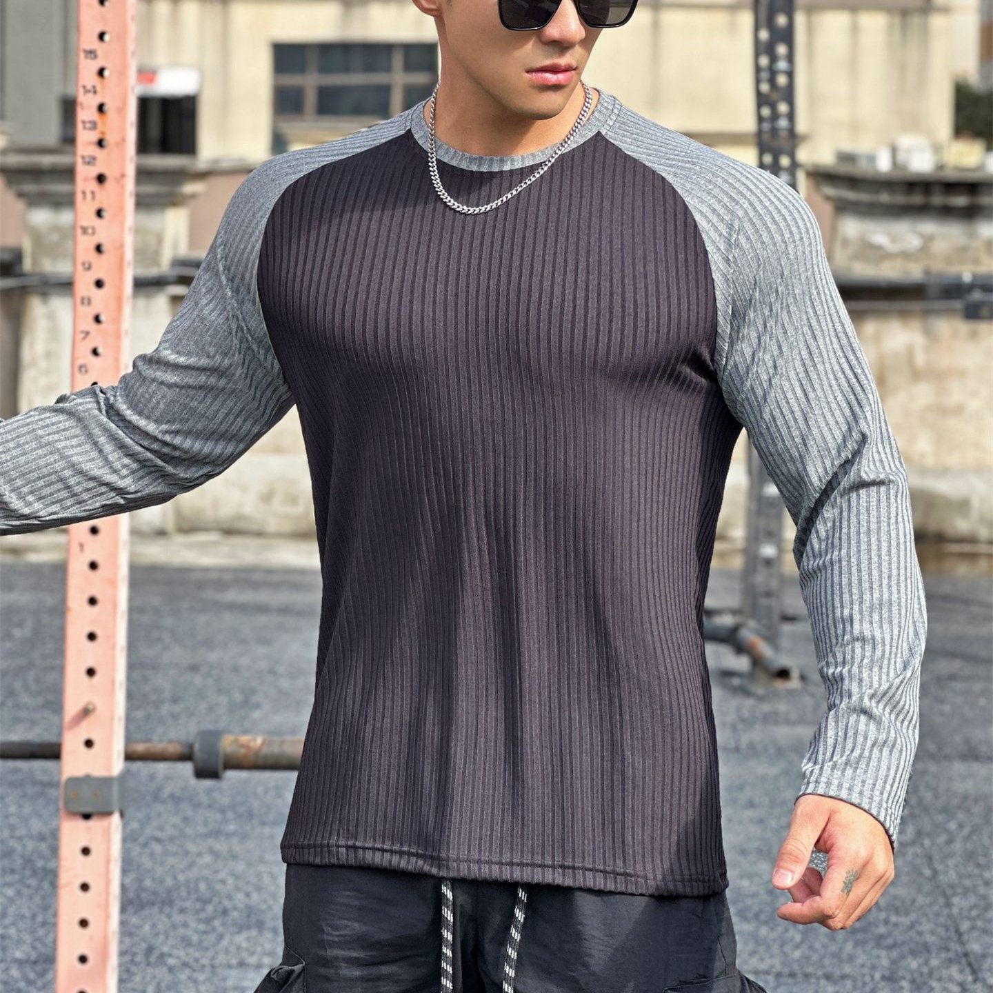 运动长袖男插肩袖t恤圆领速干弹力紧身衣健身跑步训练肌肉撸铁狗