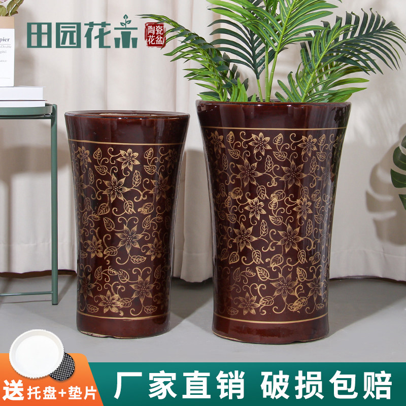 陶瓷花盆大号中式复古高档金线幸福树天堂鸟百合竹家用客厅种树盆