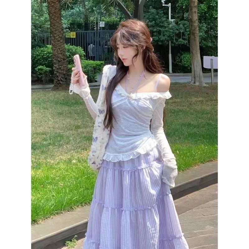 法式甜美温柔风紫色蕾丝连衣裙