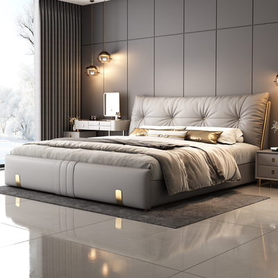 CBD高端简约现代真皮床大床实木软包主卧室豪华婚床2米